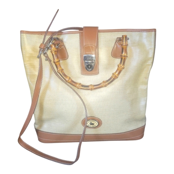 Dooney & Burke 70's Vintage Panama Collection Bamboo Handle Tan and Cream Bag - Picture 1 of 11